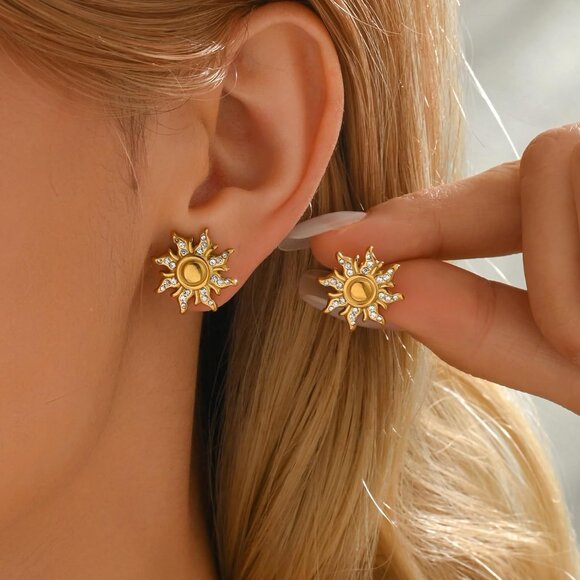 Sun Gold Stud Earrings 1.7mm Hypoallergenic Stainless Steel Celestial Jewelry Gi - Picture 4 of 7